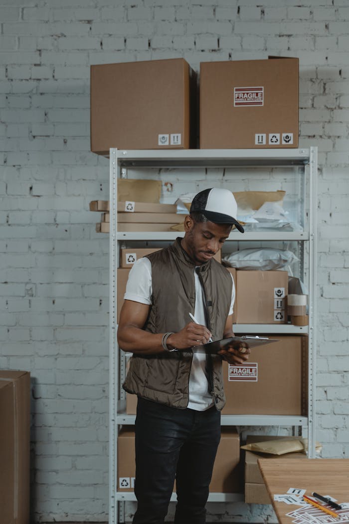 gallery-4 Courier in a warehouse checking inventory on a tablet amidst stacked cardboard boxes.